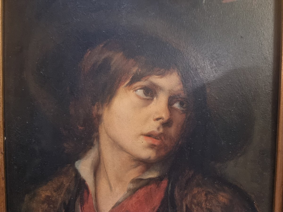 Peinture à l'huile sur panneau d'acajou – Portrait de garçon « Triste exilé » par Léon Herbo -photo-5
