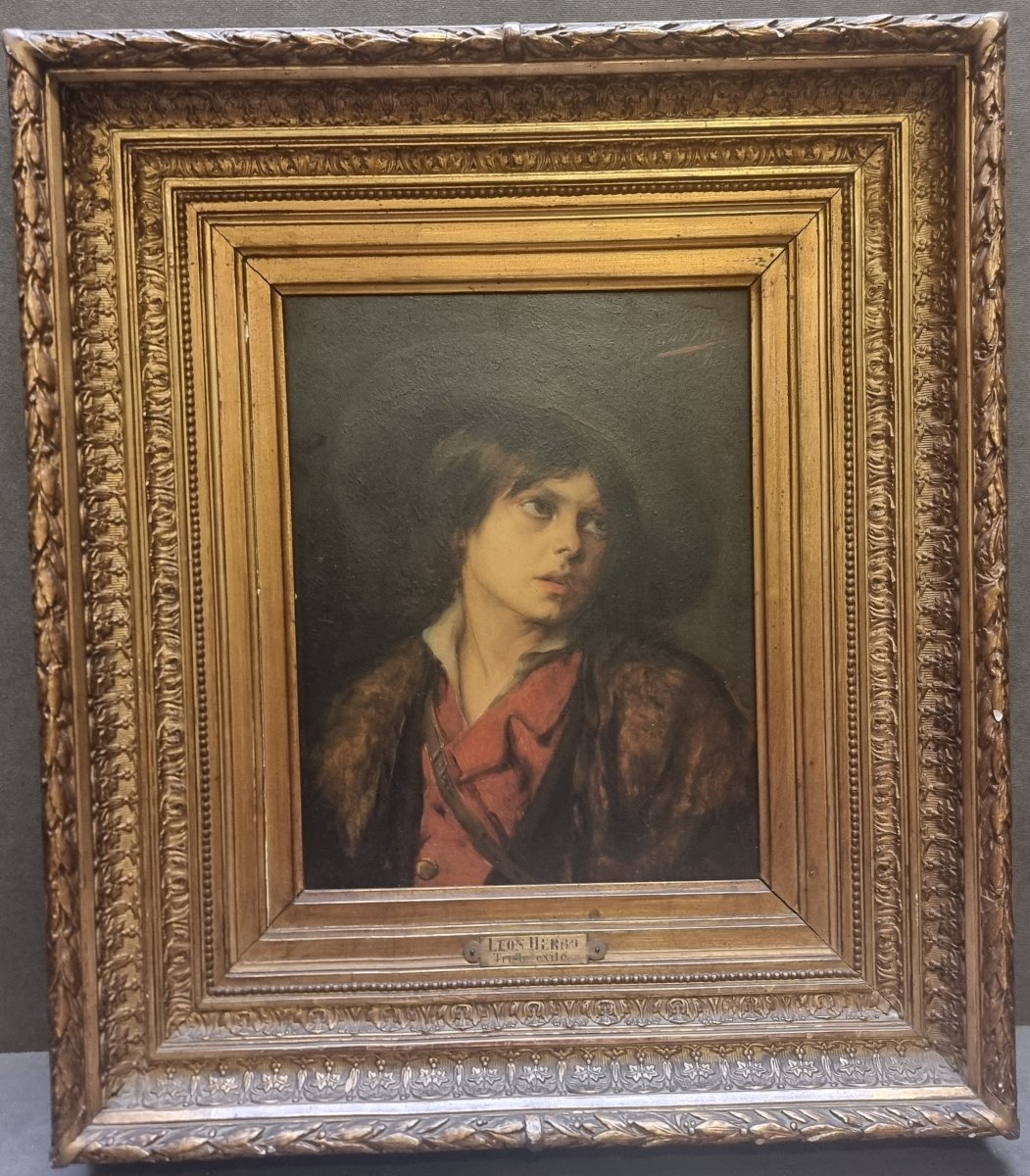 Peinture à l'huile sur panneau d'acajou – Portrait de garçon « Triste exilé » par Léon Herbo 