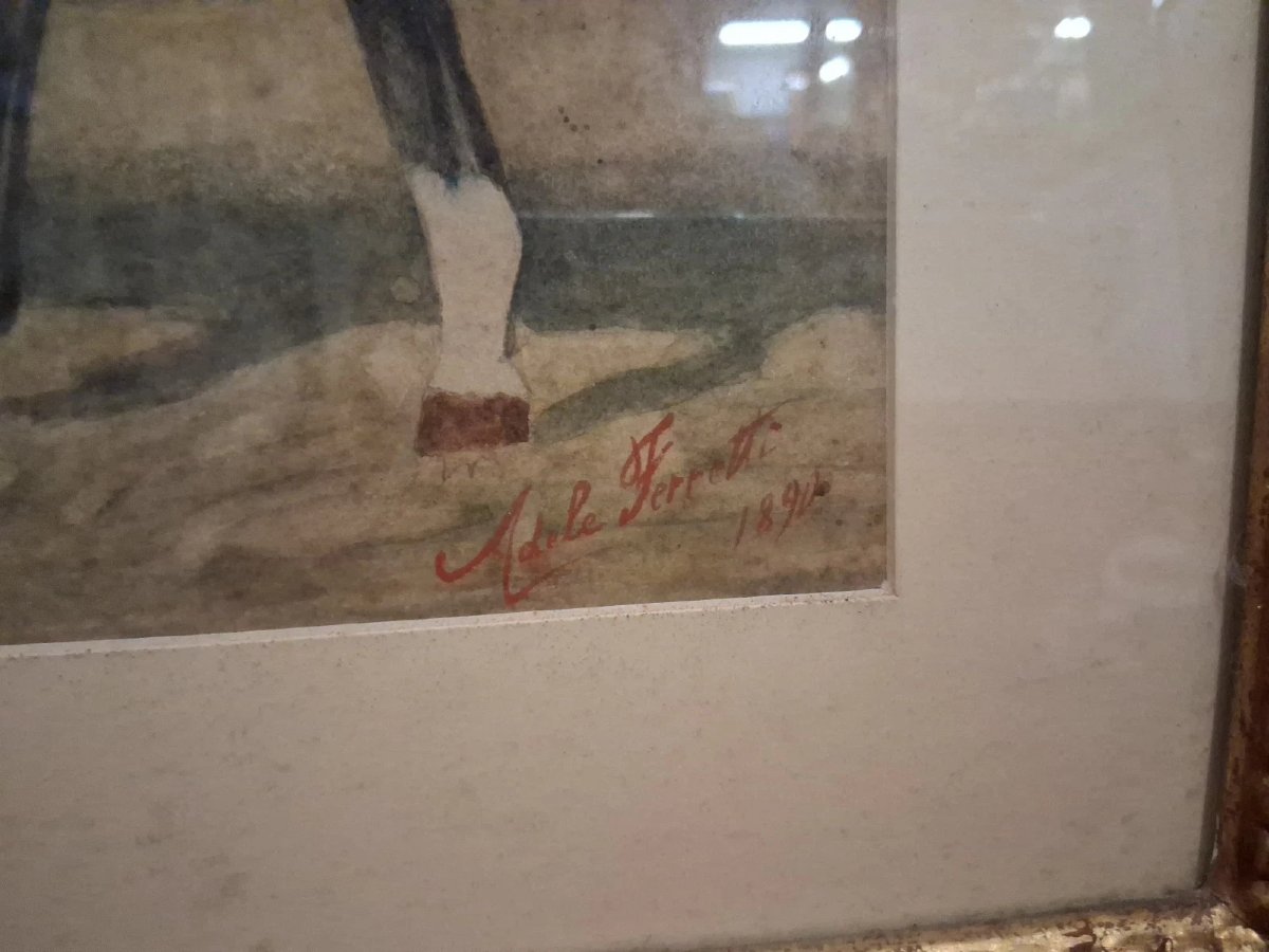 Watercolor On Paper: Horse With Dog - Adele Ferretti, 1894-photo-2