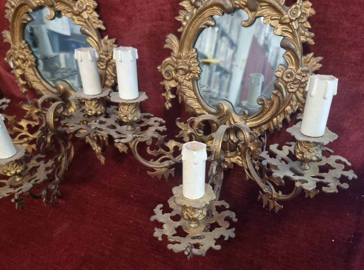 Paire d'appliques en bronze doré avec miroirs – début du XXe siècle-photo-1