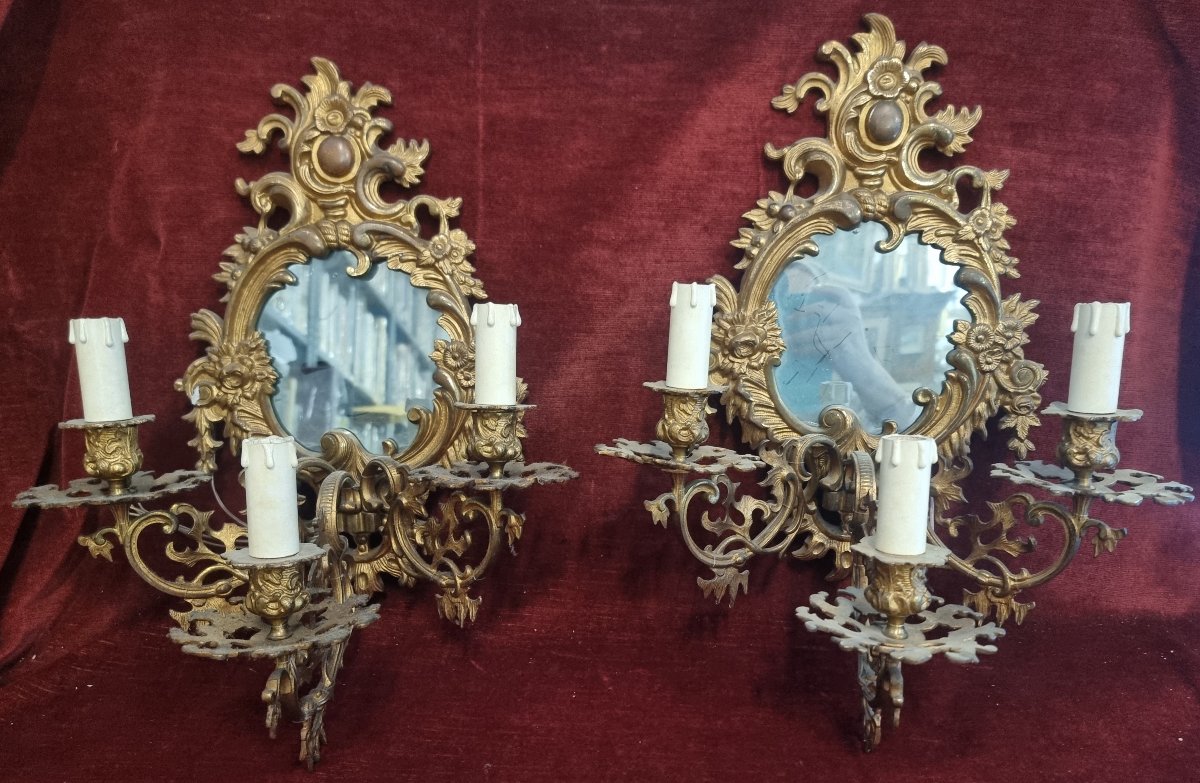Paire d'appliques en bronze doré avec miroirs – début du XXe siècle