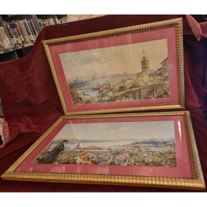 PAIRE DE GOUACHES - CONSTANTINOPLE / ISTANBUL  - XIXe SIÈCLE