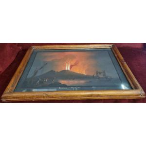 Peinture à la gouache - Naples - Éruption du Vésuve, 1er janvier 1812