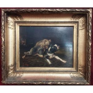 TABLEAU  CHIENS - HUILE SUR PANNEAU  VINCENT de VOS (1829-1875)