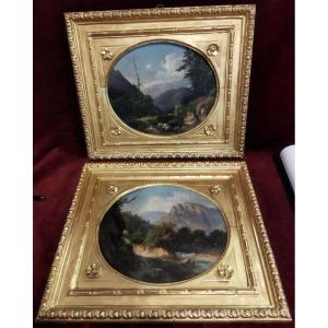 PAIRE DE TABLEAUX  HUILE SUR CARTON PRESSÉ  PAYSAGES - GUIDO AGOSTINI (1865-1898)