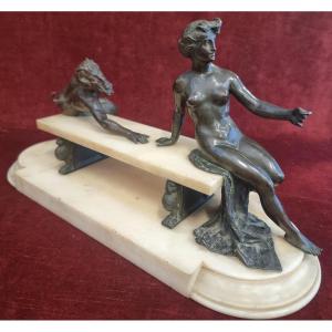  Sculpture en bronze et marbre statuaire - Nymphe et Faune  - Adolfo Apolloni (1855-1923)