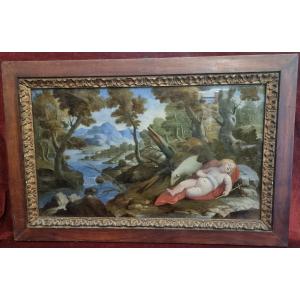 Peinture sous verre - Saint Jean endormi  - Seconde moitié du XVIIe siècle - Italie centrale