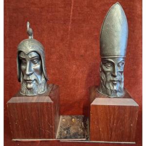 Wood And Pewter Bookend Set - Knight's Heads - Alfredo Cenacchi - 1960s