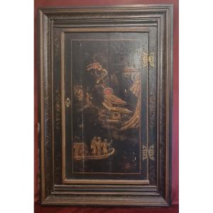 Lacquered Wooden Panel With Door - Chinese-style Decoration - Europe - Mid-19th Century