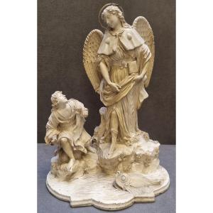 Groupe en faïence représentant Tobia et l'Ange - Giovanni Volpato, Rome - Fin du XVIIIe siècle