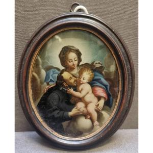 Peinture sous verre Vierge à l'Enfant et Saint - Seconde moitié du XVIIe siècle - Italie du Sud