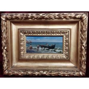 Oil Painting On Panel: Fishermen At Sea - With A Gilded Frame - 19th Century