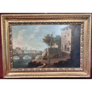 Huile sur toile - Vue du Pont Sisto, Rome - Peintre : Paolo Anesi (1697-1773) - XVIIIe siècle