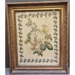 Painting - Embroidered Fabric - Flowers - Early 1800s - Period Frame