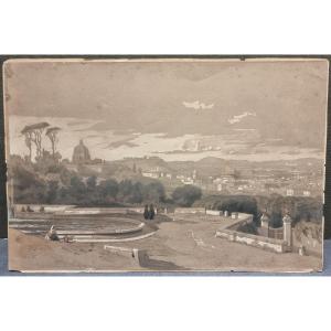 Gouache On Paper - View Of Rome From The Janiculeo 1857 Karl August Lindemann-frommel (1819–1891)