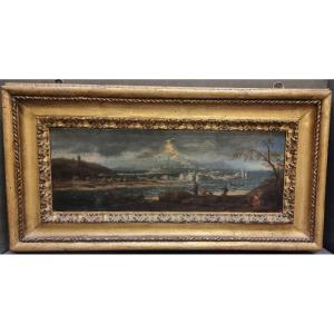 Huile sur toile représentant un paysage balayé par la tempête – Première moitié du XVIIe siècle