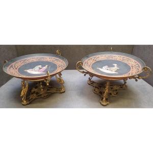 Pair Of Hand-painted Porcelain Plates On Bronze Base - France - Napoleon III - 19th Century