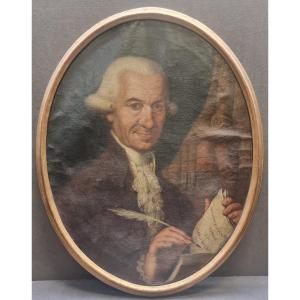 Huile sur toile ovale - Portrait d'un paléontologue - Italie - XVIIIe siècle - Cadre doré