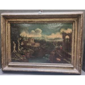 Huile sur toile représentant un paysage iconographique - Italie centrale, XVIIe siècle