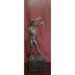 Bronze Sculpture On A Marble Base - Naked Man With A Bow - Giorgio Ceragioli (1861-1947)