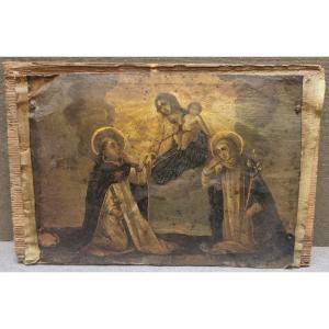 Peinture à l'huile sur cuivre représentant des saints ainsi que la Vierge à l'Enfant