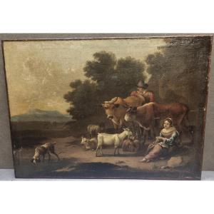 Huile sur toile – Paysage avec animaux et personnages – Flamand Seconde moitié du XVIIe siècle