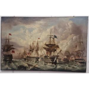 Oil On Canvas - English Naval Battle - Signed T. Jordan - Early 1800s