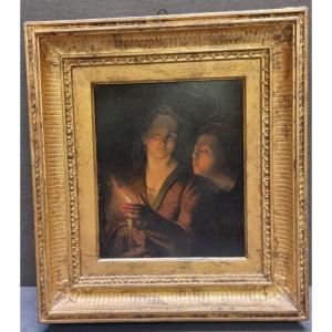 Peinture à l'huile sur plaque de zinc – École flamande du XIXe siècle – Cadre d'époque