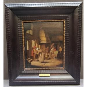 Tableau (huile sur panneau) – École flamande du XIXe siècle – Avec cadre d'époque en bois sculp