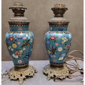 Paire de lampes de table en cloisonné et bronze – France, époque Napoléon III – XIXe siècle