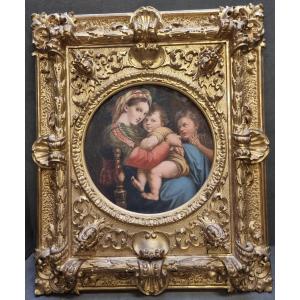 Huile sur toile : Madonna della Seggiola – XIXe siècle - Cadre d'époque en bois sculpté et doré