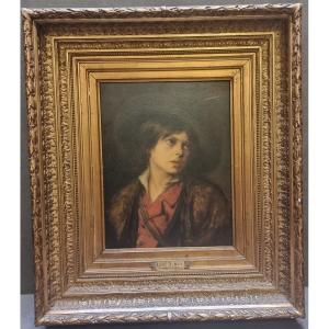 Peinture à l'huile sur panneau d'acajou – Portrait de garçon « Triste exilé » par Léon Herbo 