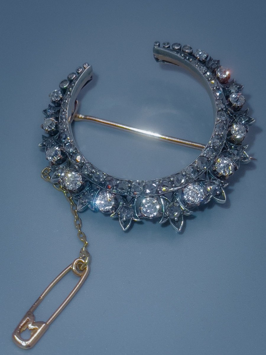 19th Century Honeymoon Jewelry, Gold And Silver Brooch Set With Diamonds-photo-3