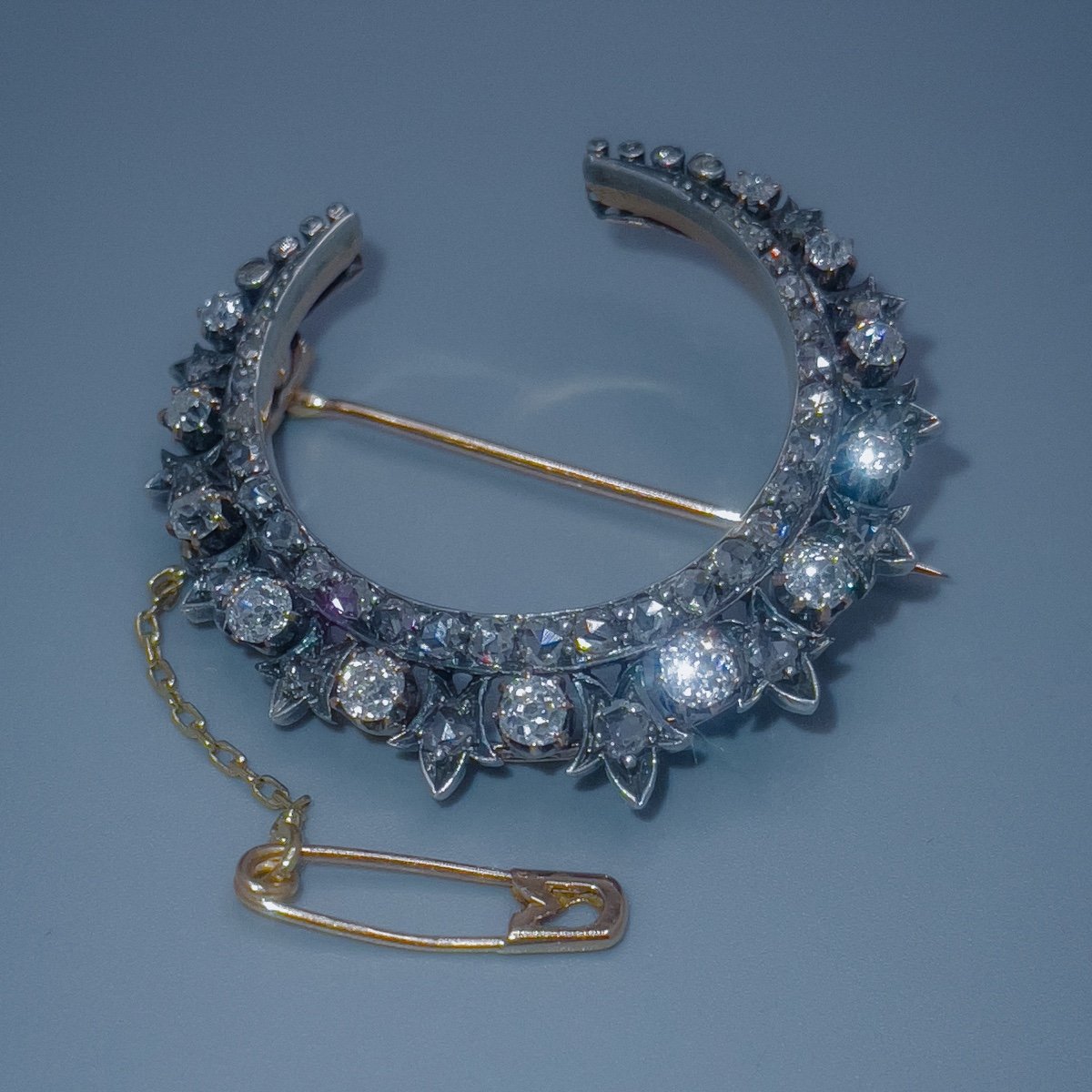 19th Century Honeymoon Jewelry, Gold And Silver Brooch Set With Diamonds