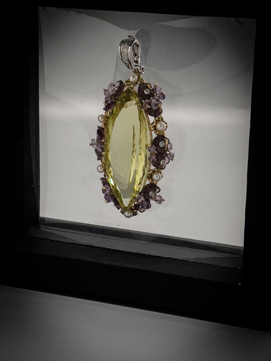 PRASIOLITE de 80 carats , grand Pendentif Clip De Type «tutti Frutti» Monture En Or 18 K-photo-2