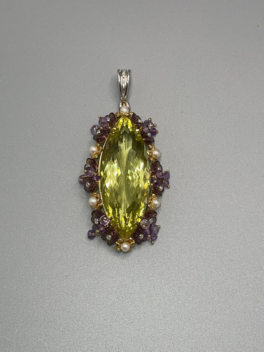 PRASIOLITE de 80 carats , grand Pendentif Clip De Type «tutti Frutti» Monture En Or 18 K-photo-4