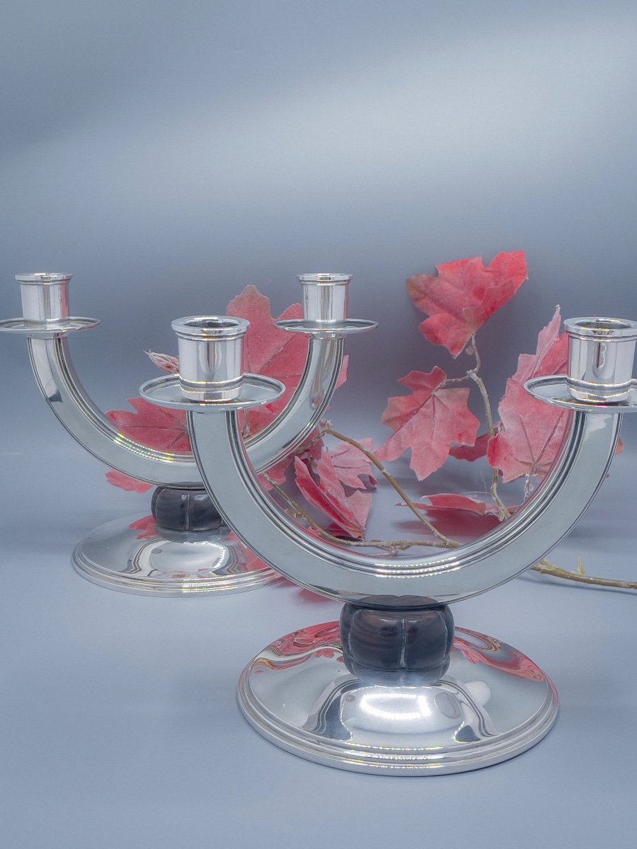 Art Deco Pair Of Candelabra In 800/1000 Sterling Silver-photo-2
