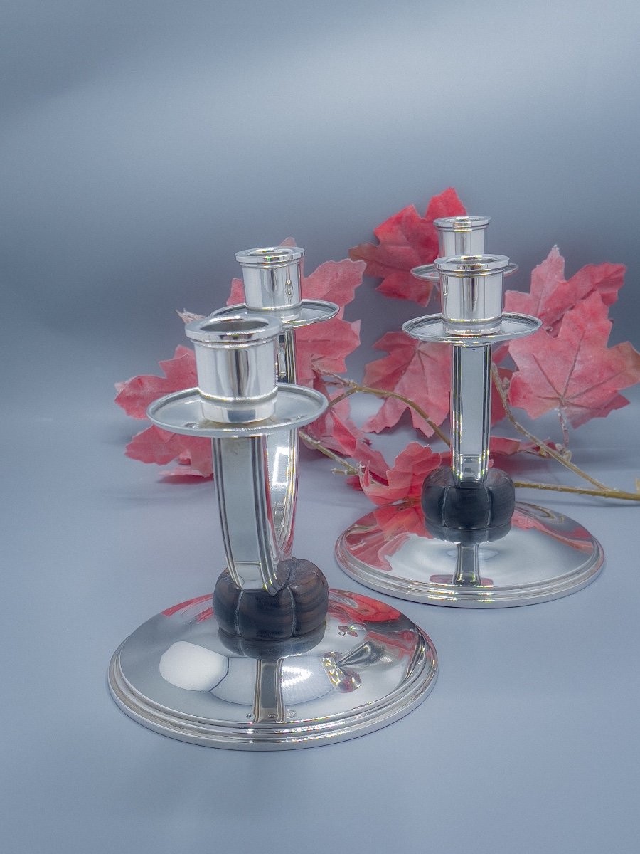 Art Deco Pair Of Candelabra In 800/1000 Sterling Silver-photo-3