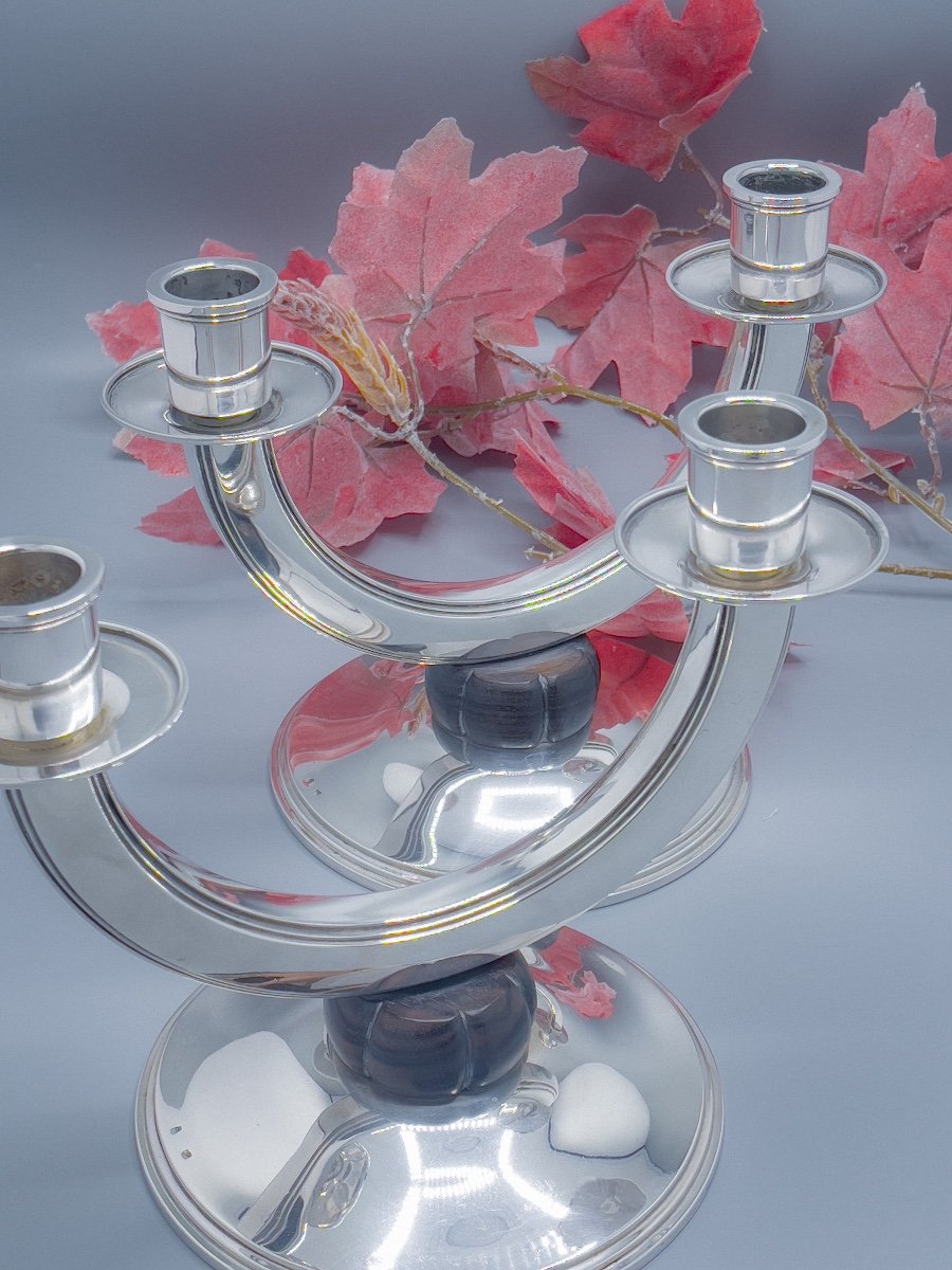 Art Deco Pair Of Candelabra In 800/1000 Sterling Silver-photo-1
