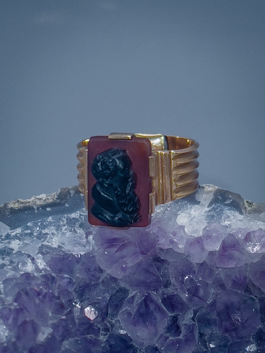 Bague Or 18 K Sertie D’une D’un Camée Agate Au Profil D’henri Iv-photo-1