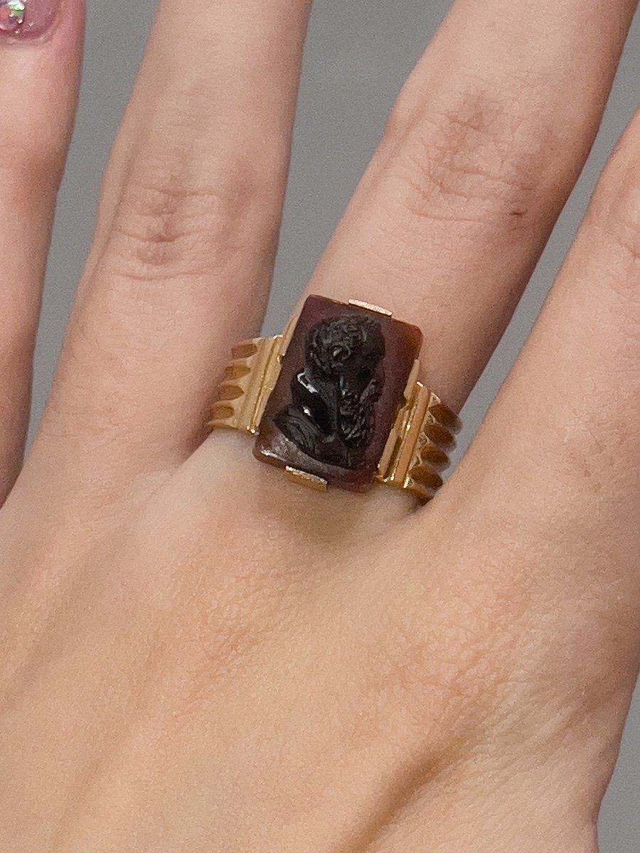 Bague Or 18 K Sertie D’une D’un Camée Agate Au Profil D’henri Iv-photo-2