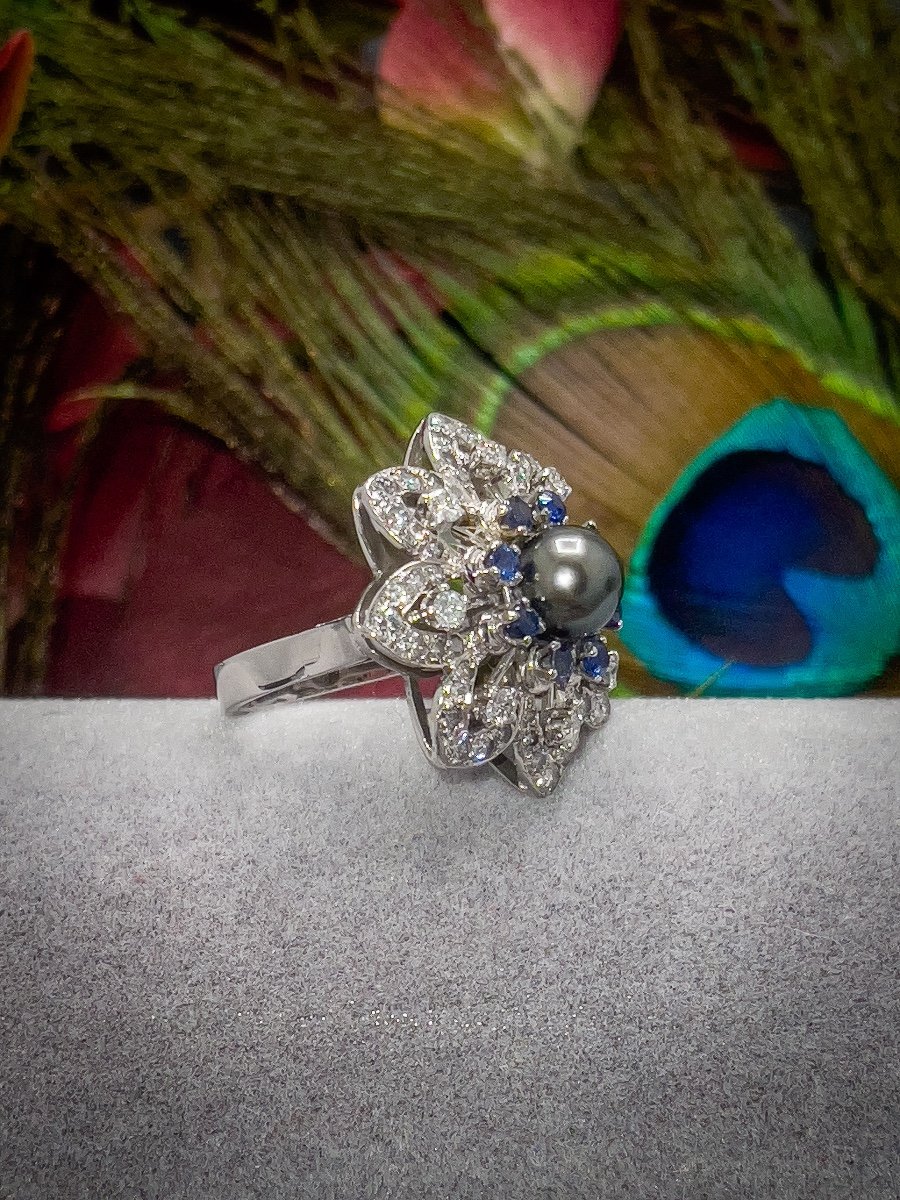 Bague De Cocktail En Or 18 K  Sertie De Diamants Et Saphirs -photo-2