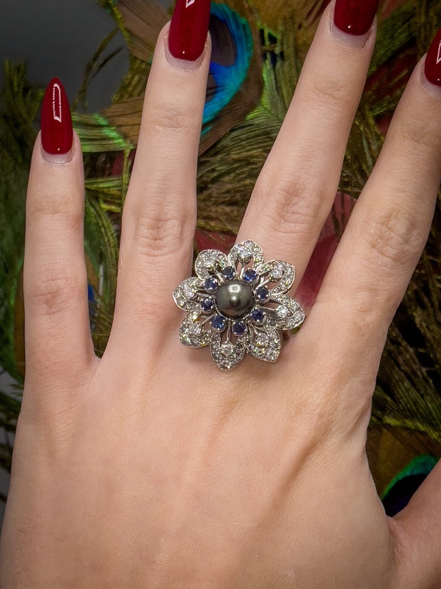 Bague De Cocktail En Or 18 K  Sertie De Diamants Et Saphirs -photo-4