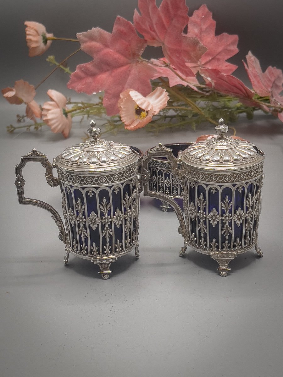 Set Of 2 Mustard Pots And 2 Salters In Crystal And Sterling Silver-photo-2