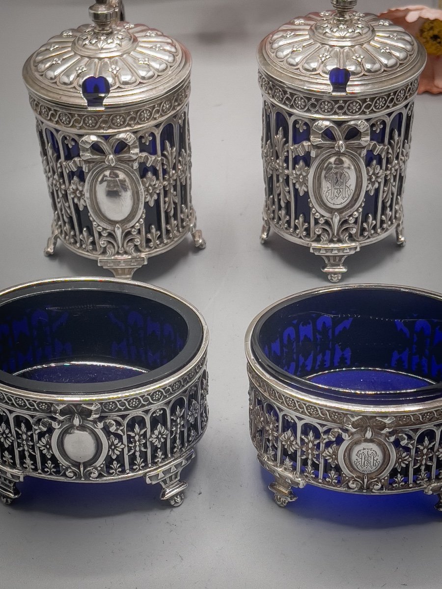 Set Of 2 Mustard Pots And 2 Salters In Crystal And Sterling Silver-photo-3