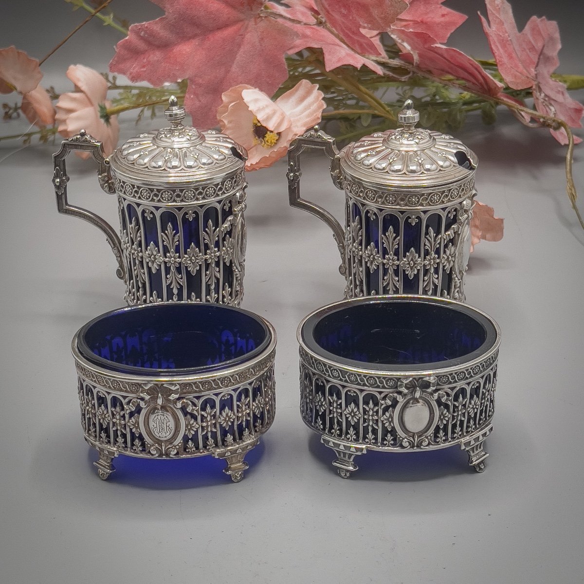 Set Of 2 Mustard Pots And 2 Salters In Crystal And Sterling Silver