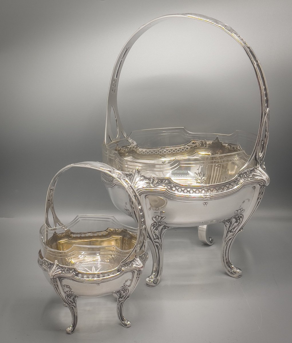 Set Of 2 Crystal And Silver Handled Baskets