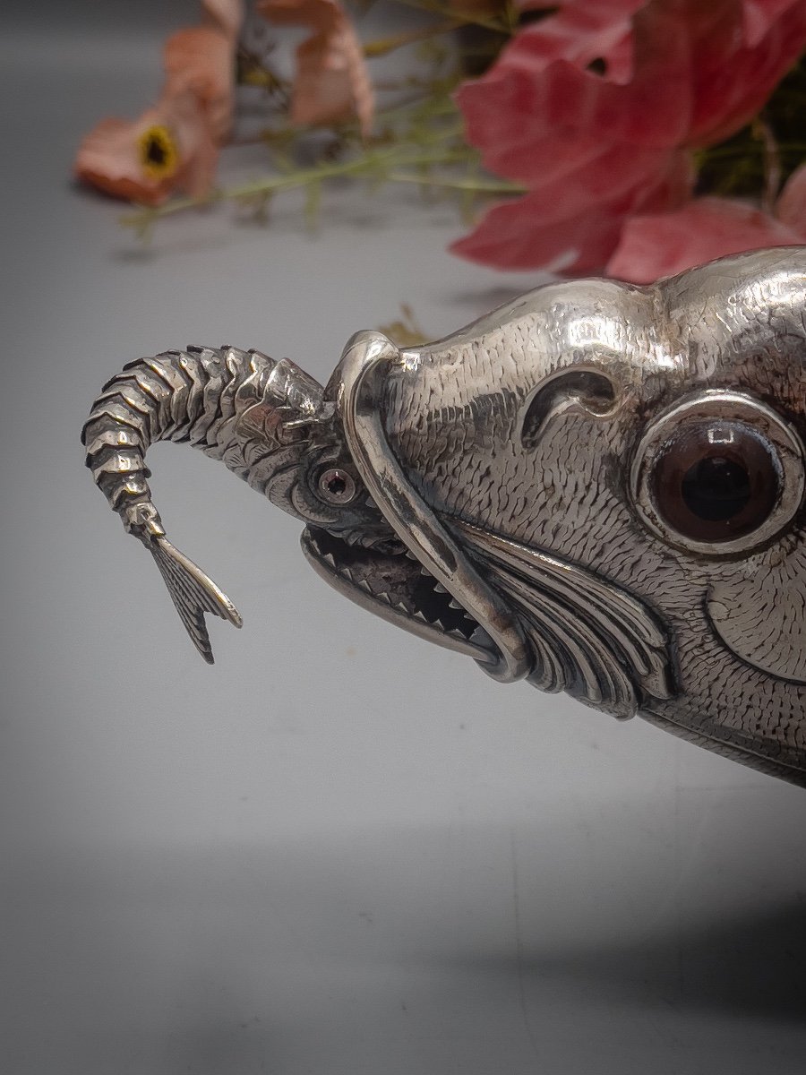 Very Large Articulated Fish In Sterling Silver 915/1000-photo-1