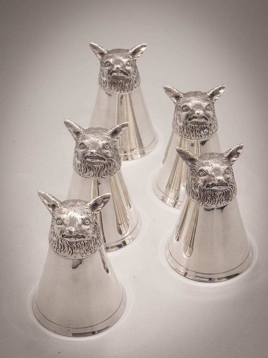 Series Of 5 Zoomorphic Hunting Timbales (fox) In Solid Silver-photo-2