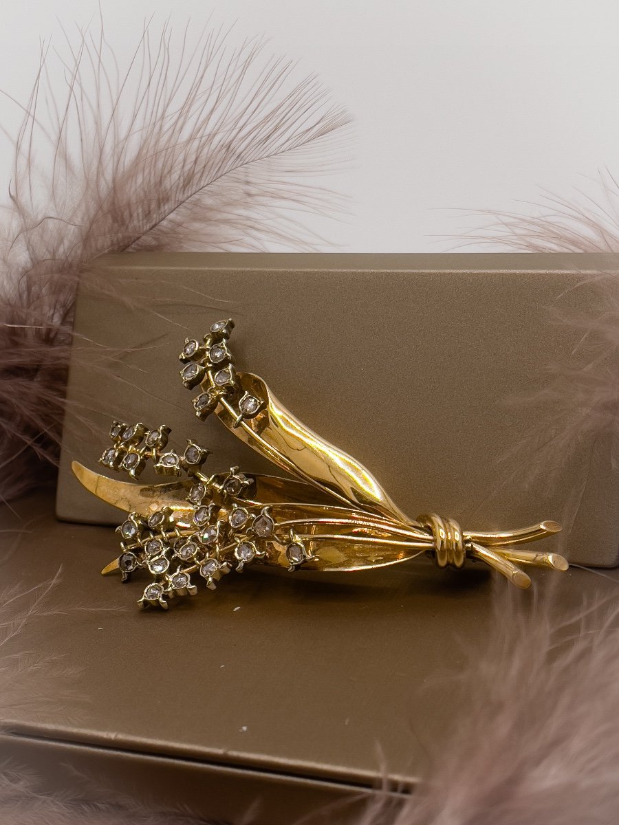 Lovely Brooch In 18 Carat Gold Of The "bouquet" Type-photo-3